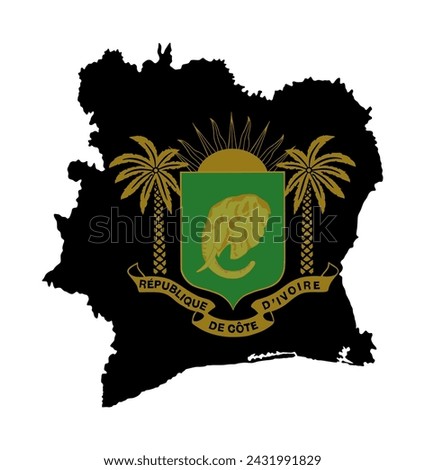 Ivory Coast map and coat of arms vector silhouette illustration isolated on white background. National symbol of country in Africa. Ivory Coast emblem banner over map.