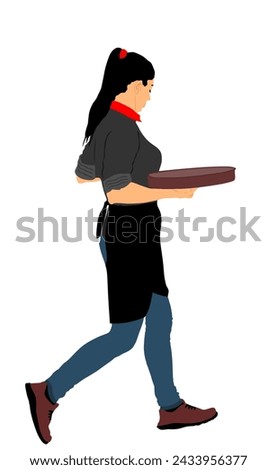 Woman waitress holding empty tray for order drinks for guests vector illustration. Restaurant servant taking orders. Pub worker serve wine drinks for client. Girl barman welcomes guest with beverage.