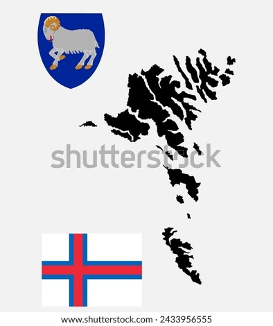 Faeroe Islands map vector silhouette illustration isolated on white background. Faeroe Islands flag and coat of arms. Denmark territory. Europe state. National symbol emblem banner.
