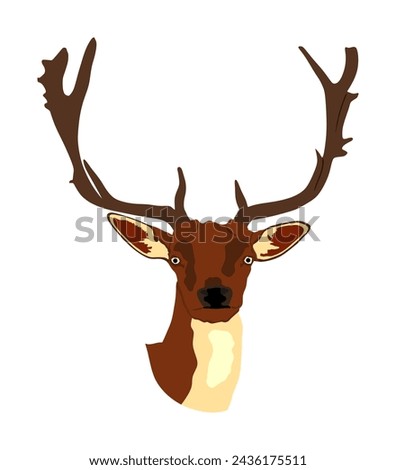 Deer head vector illustration isolated on white background. Sika deer head symbol, proud Noble Deer male in forest or zoo. Powerful buck with huge neck and antlers standing. Red deer. 