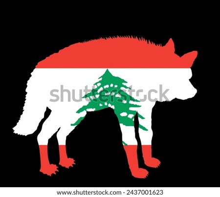 Lebanon flag over striped hyena vector silhouette illustration isolated on black background. Wild animal scary predator. Carnivore powerful beast. Hyena shape shadow symbol. Middle east state Asia.