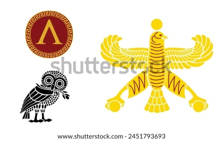 Athens and Sparta flags against Persian Empire flag. Ancient symbol Sparta, Athens polis vector illustration. City state in ancient Greece. Brave warriors from antique Greek Persian war. Athens flag.