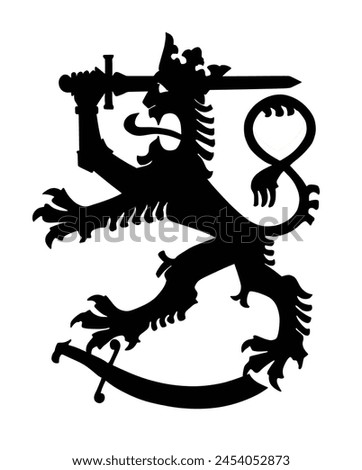 Heraldry lion with crown and sword vector silhouette illustration isolated background. National coat of arms of Finland heraldic symbol. Finland COA shape shadow. Angry beast royal noble crest. 
