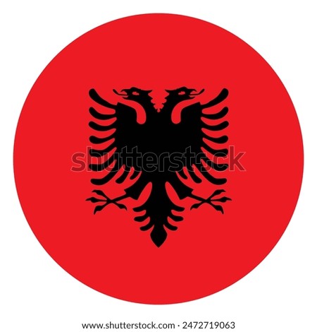 Circle badge Albania flag button vector illustration isolated. National symbol of Balkan country. Double head eagle spread wings silhouette. Wild bird national symbol of Albania emblem banner roundel.