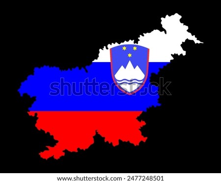 Slovenia map flag vector silhouette illustration isolated on black background. Vector map of Europe Union member, EU state. Slovenia coat of arms. Slovenia flag, national symbol.