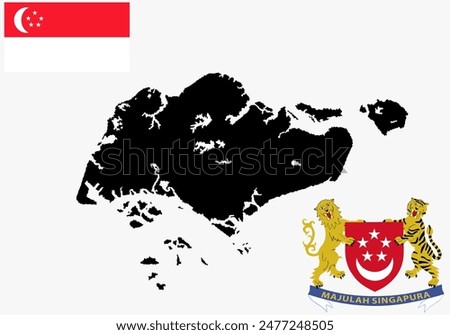 Republic of Singapore map and flag vector illustration isolated. Singapore, member of ASEAN Economic Community AEC. Singapore coat of arms banner emblem. State in Asia national symbol. Patriotic