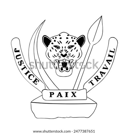 Democratic republic of Congo coat of arms vector silhouette illustration isolated. DR Congo emblem banner national symbol, country in Africa. Patriotic sign leopard head, elephant tusk and spear.