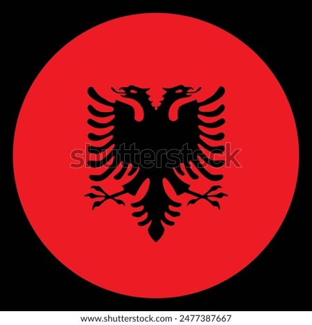 Circle badge Albania flag button vector illustration isolated. National symbol of Balkan country. Double head eagle spread wings silhouette. Wild bird national symbol of Albania emblem banner roundel.