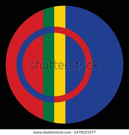 Circle badge Sami people flag button vector illustration isolated. Finno Ugric people from Sweden and Norway territory. National symbol emblem roundel.