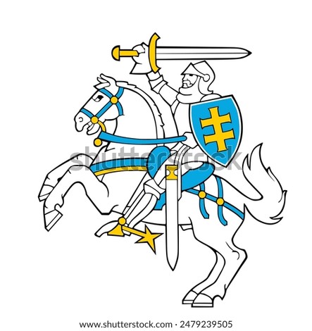 Lithuania coat of arms, seal, national emblem vector illustration isolated on background. Lithuania heraldic banner. Knight with sword shield on horse back in battle. Heraldry royal patriotic symbol.