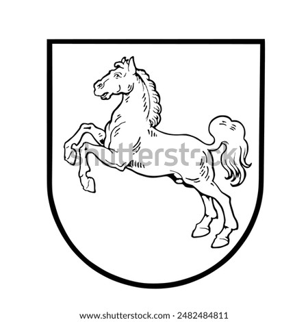 Vector illustration coat of arms Lower Saxony isolated on white background. Germany province national symbol. Heraldry Niedersachsen. Patriotic sign Lower Saxony. Heraldic prance horse graphic shape.