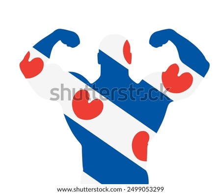 Flag of Friesland ower muscular man vector silhouette illustration isolated. Free love liberty open mind. Frisia province in Netherlands. Friesland symbol. Boy open minder bodybuilder shape shadow.