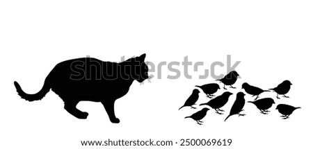 Fat hungry cat chasing flock of birds vector silhouette illustration isolated. Cat lurking to eat sparrow. Feline hunter hunting prey. Cat catch bird for dinner. Domestic farm predator. Home pet hunt.