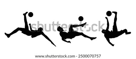 Soccer player vector silhouette illustration isolated on white background. Scissor moves in football game. Beach attraction. Summer fun with ball. Effective move in football. Spectacle for public