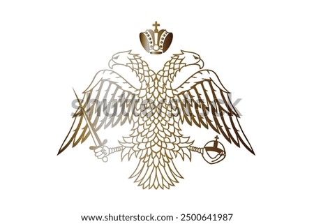 Wild double head eagle gold with spread wings and sword graphic Byzantine coat of arms flag vector illustration isolated. Eastern Roman Empire emblem banner. Greek orthodox church symbol. Golden eagle