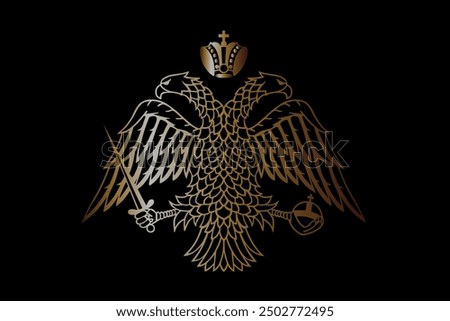 Wild double head eagle gold with spread wings and sword graphic Byzantine coat of arms flag vector illustration isolated. Eastern Roman Empire emblem banner. Greek orthodox church symbol. Golden eagle