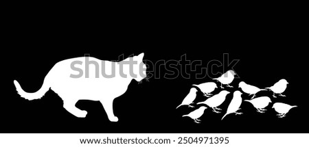 Fat hungry cat chasing flock of birds vector silhouette illustration isolated. Cat lurking to eat sparrow. Feline hunter hunting prey. Cat catch bird for dinner. Domestic farm predator. Home pet hunt.