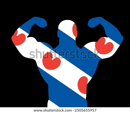 Flag of Friesland ower muscular man vector silhouette illustration isolated. Free love liberty open mind. Frisia province in Netherlands. Friesland symbol. Boy open minder bodybuilder shape shadow.