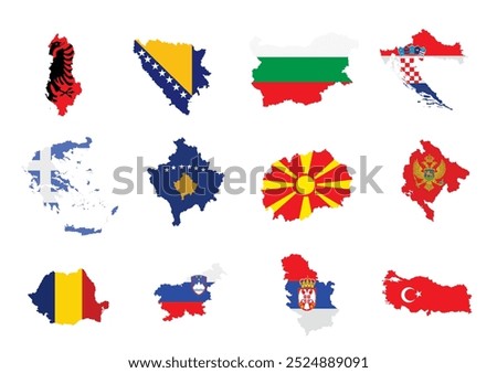 Balkan territory states map flags vector silhouette illustration isolated. Albania Bosnia Bulgaria Croatia Greece Kosovo Macedonia Montenegro Romania Slovenia Serbia Turkey. National symbol coat arms