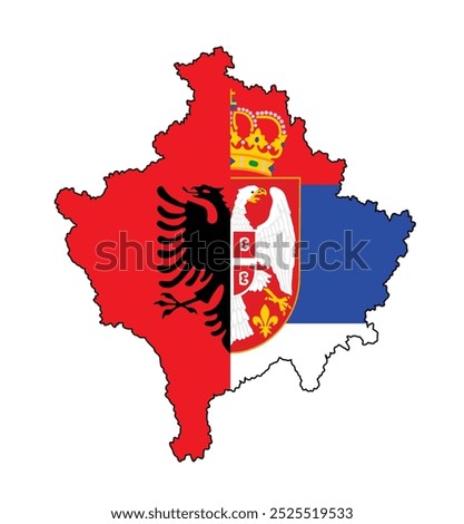 Kosovo map Albania flag Serbia over map vector silhouette illustration isolated. Serbia territory map. Former Yugoslavia republic. Balkan province. Europe region. Albania flag half Serbia flag COA.