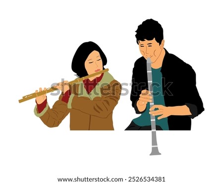 Artist boy playing clarinet duet with flutist girl vector illustration isolated. Performer flute clarinet. Musician flutist man woman audio art. Artist amusement entertainment. Blowing wind instrument