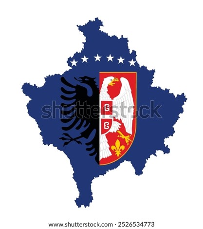 Map Kosovo flag with Albania coat of arms against Serbia crest crown banner vector silhouette illustration isolated. Serbia territory map. Former Yugoslavia republic. Balkan province. Europe region.