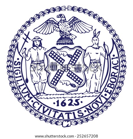Bright stamp with the symbol of the city of New York. Coat of arms of New York city.  