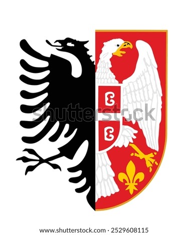 Kosovo territory conflict. Eagle Albania coat of arms against Serbia national symbol emblem banner vector silhouette illustration isolated. Former Yugoslavia republic. Balkan province Europe region.