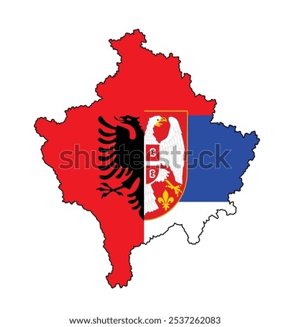 Kosovo map Albania flag Serbia over map vector silhouette illustration isolated. Serbia territory map. Former Yugoslavia republic. Balkan province. Europe region. Albania flag half Serbia flag COA.