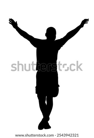 Happy man waving hands vector silhouette illustration isolated. Shape shadow Tourist boy waving hands saying hi. Send off sign. Sport man spreads arms for embrace, hug. Goodbye for family and friends