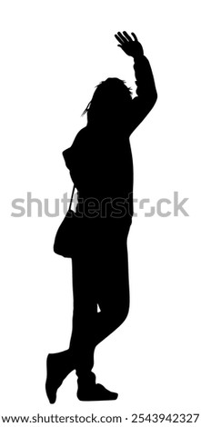 Happy woman waving hand vector silhouette illustration isolated. Shape shadow Tourist girl waving hand saying hi. Send off sign. Lady spread arm for embrace hug. Goodbye female for family and friends.