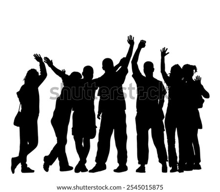 Embracing student friends waving hands vector silhouette illustration isolated. Happy boys and girls tourists hand wave saying hi to host. Send off people. Couples in love enjoy, goodbye family friend