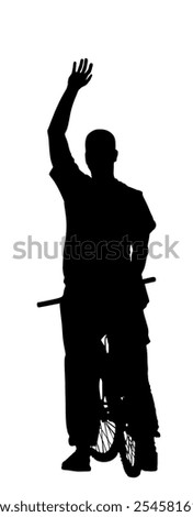 Bicycle boy waving hands greeting to friends vector silhouette illustration isolated. Shadow tourist man hand wave saying hi to women. Shape Biker send off sign tourist outdoor traveler on route.