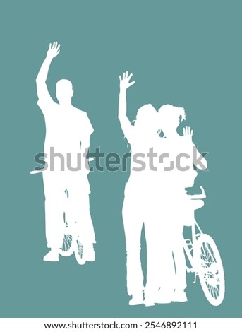 Bicycle boy waving hands greeting to bike girl friends vector silhouette illustration isolated. Tourist man hand wave saying hi to women. Shape Biker send off sign tourist outdoor travelers on route.