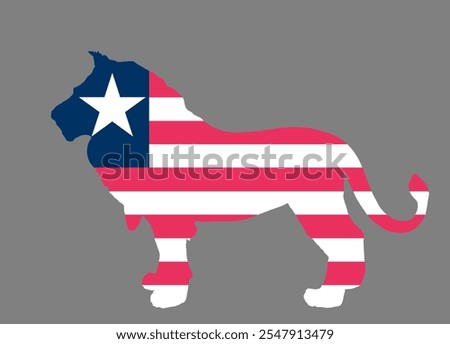 Liberia flag over lion animal vector silhouette illustration isolated on background. Lion shape shadow national animal symbol of Liberia. State in Africa continent. Safari tourism invite. 