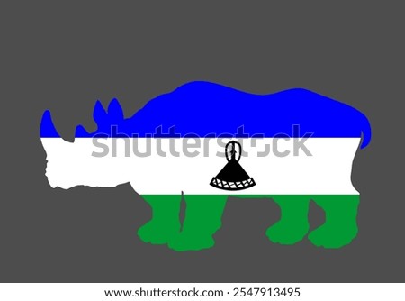 Lesotho flag over rhino national animal vector silhouette illustration isolated on background. Country in Africa symbol. Patriotic emblem of African state. Shape rhinoceros Lesotho shadow.