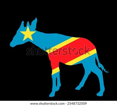 Democratic republic Congo flag over Okapi national animal vector silhouette illustration isolated on black background. National symbol of Africa country wild life. Patriotic invite for safari tourism.