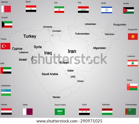 Middle east vector map and flags set of states. high detailed silhouette illustration isolated on background. Middle east countries collection illustration. Asia flags icon of middle east states.