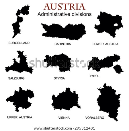 Silhouettes of the federal states of Austria, vector illustration. Austria map of federal states. Burgenland, Carinthia, Salzburg, Styria, Tyrol, Vienna, Voralberg, Lower and Upper Austria.