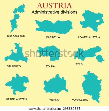 Silhouettes of the federal states of Austria map, vector illustration. Burgenland, Carinthia, Lower Austria, Salzburg, Styria, Tyrol, Upper Austria, Vienna, Voralberg map.