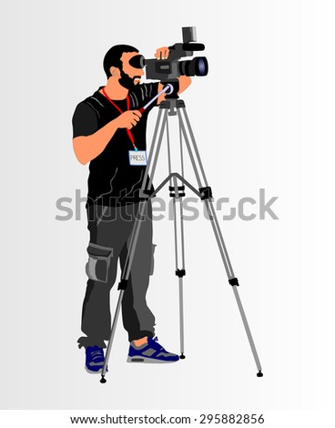 Cameraman with video camera in studio isolated on background. Vector illustration.