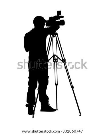 Cameraman silhouette with video camera in studio isolated on background. Vector illustration. 