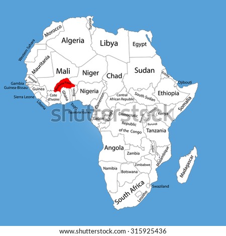 Burkina Faso vector map silhouette isolated on Africa map. Editable vector map of Africa.  African continent map.