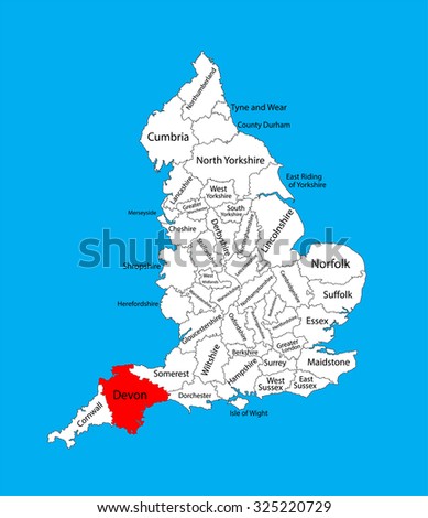 Vector map of Devon in South West England, United Kingdom with regions. England vector map. 