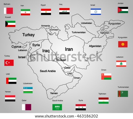 Middle east vector map set of states and flags. high detailed silhouette illustration isolated on white background. Middle east countries collection illustration. Asia icon of middle east states. 