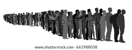 Group of people waiting in line vector silhouette isolated on white background. Group of refugees, migration crisis in Europe. War migration waves going through Schengen Area. Border situation in EU.
