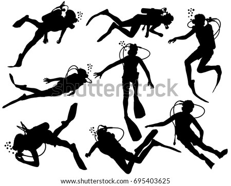 Scuba diving silhouette vector illustration isolated on white background. Sport underwater, lake, sea, glove and flashlight, mask and snorkel. Diving school, Scuba school. Beach fun, fishing,swimming 