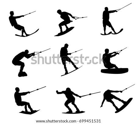 Water skiing vector silhouette illustration isolated on white. Water ski sport. Summer time on beach.  Ski acrobat on the sea. Lifeguard water patrol on duty. Kite surfer or parasailing. Kite boarding