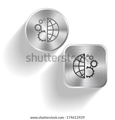 Globe and gear. Vector set steel buttons