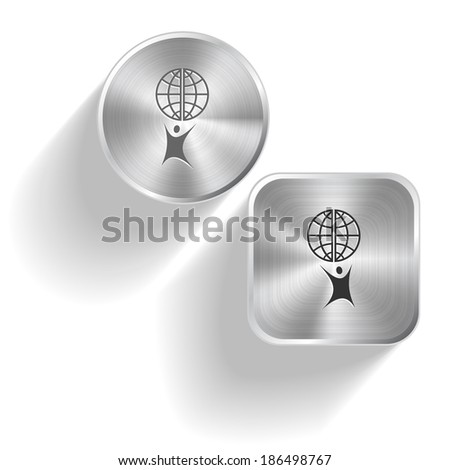 Little man with globe. Vector set steel buttons
